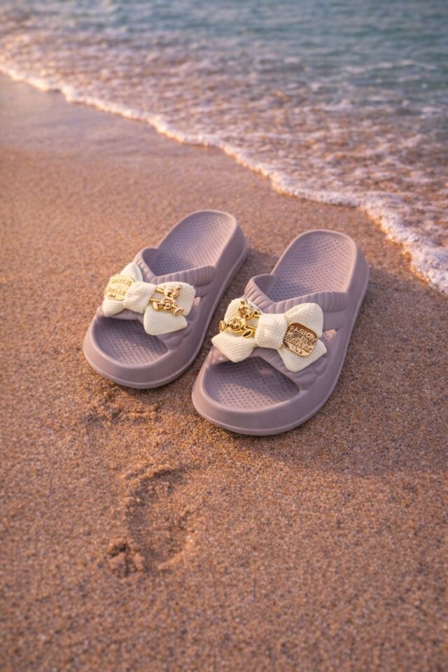 Kadın Fiyonk Detaylı Ayıcıklı Plaj Terliği-Hafif Taban Kaymaz Günlük Yazlık Deniz Havuz Terliği Rahat Konforlu Şık Tasarım VİZON - 40