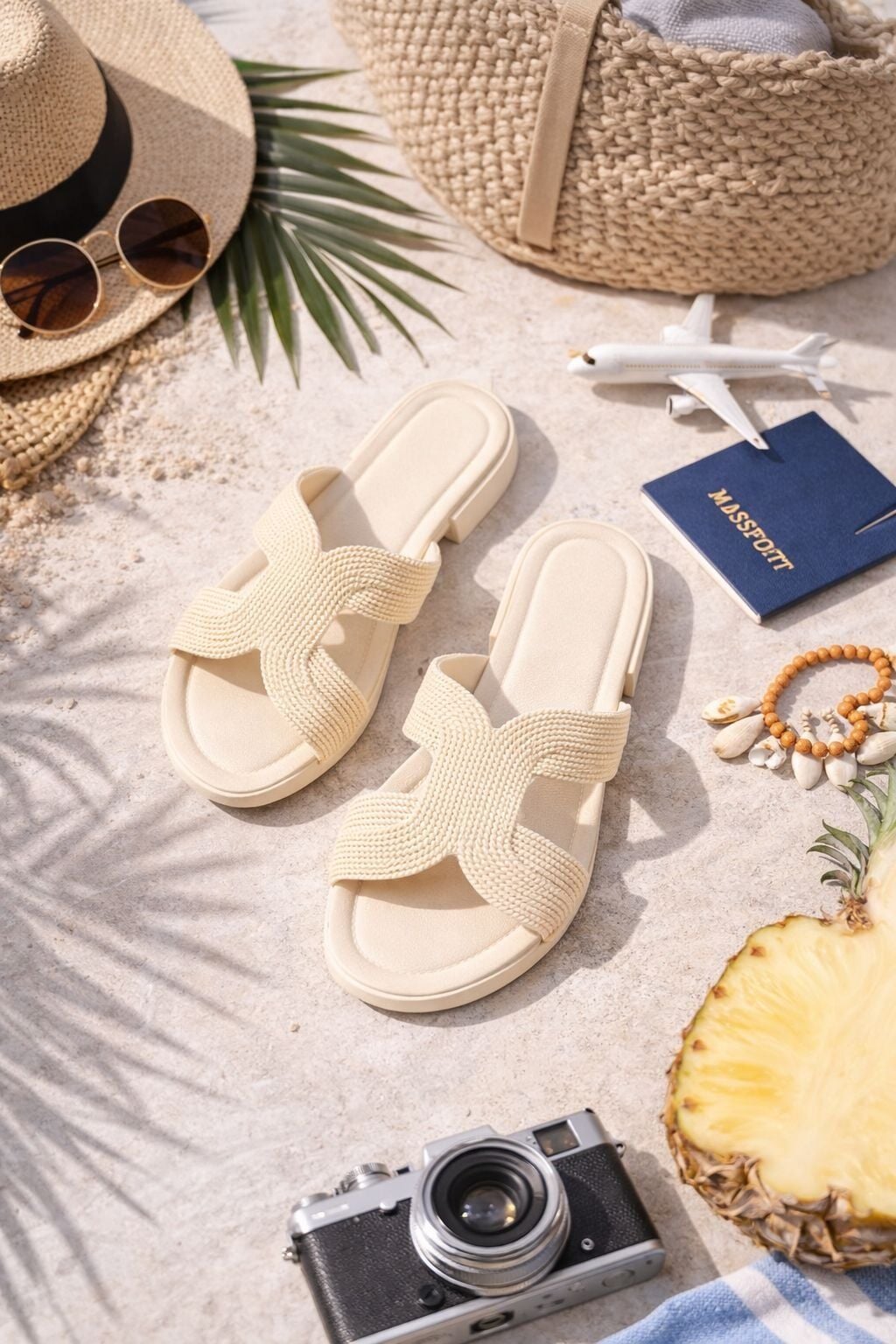 Kadın Hasır Görünümlü Bantlı Plaj Balkon Günlük Terlik Rahat Taban Şık Yaz Kombini