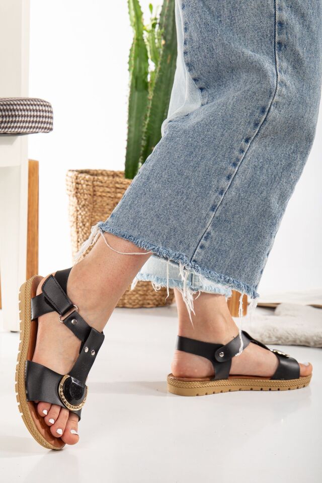 Taş Detaylı Cırtlı Kadın Sandalet SİYAH - 37