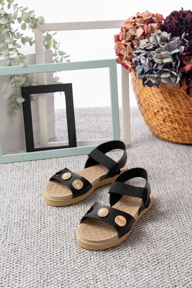 Taş Detaylı Cırtlı Kadın Sandalet SİYAH - 37