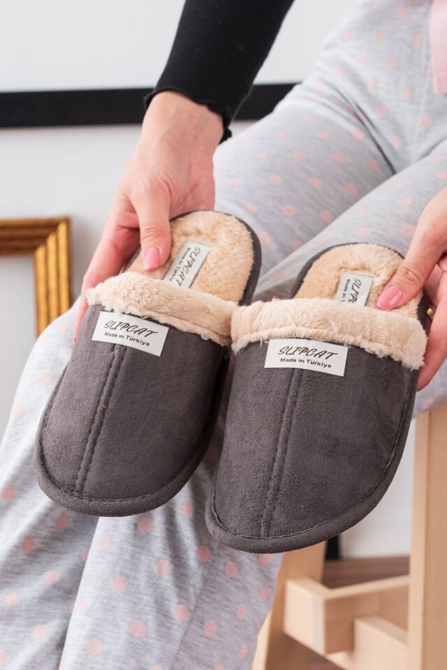 Içi Kürklü Ev Terliği Misafir Terliği Çeyiz Bohça Bahçe Terliği GRİ - 42