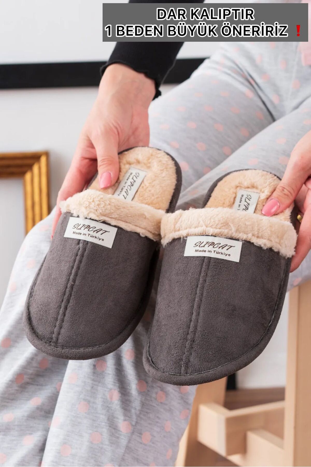 Içi Kürklü Ev Terliği Misafir Terliği Çeyiz Bohça Bahçe Terliği GRİ - 40