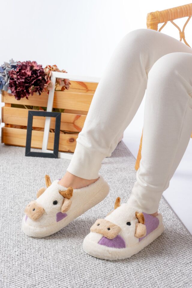 Kadın Öküz Figürlü Sessiz Taban Peluş Ev Terliği MOR - 38