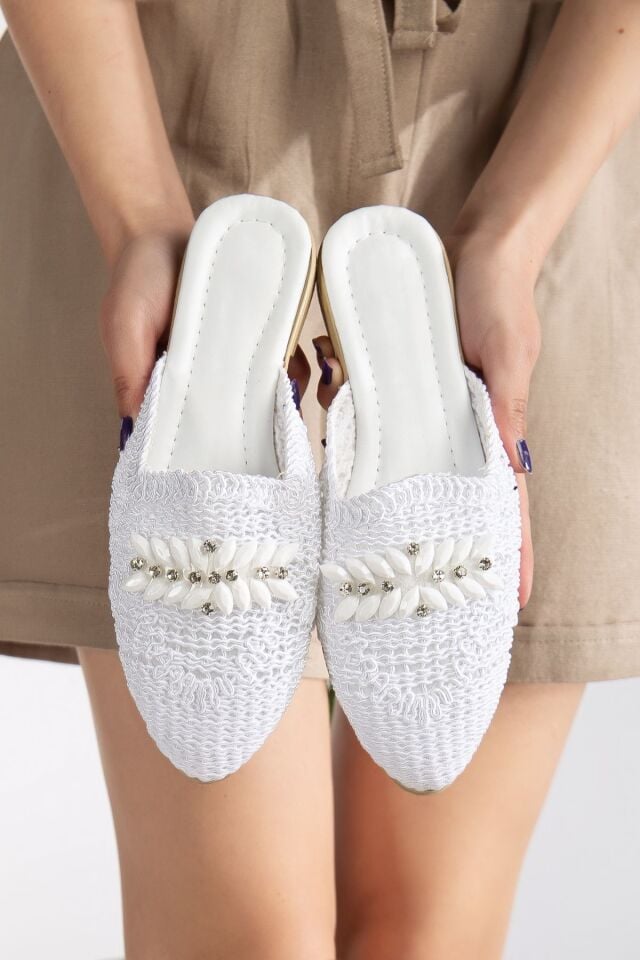 Kadın Hasır Terlik Önü Kapalı Örgü Dantel Taş Detaylı Şık Yazlık Ev Plaj Tatil Terliği