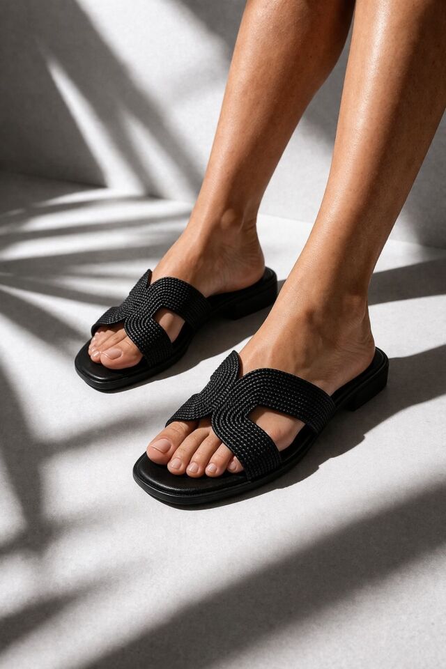 Kadın Hasır Görünümlü Bantlı Plaj Balkon Günlük Terlik Rahat Taban Şık Yaz Kombini SİYAH - 38