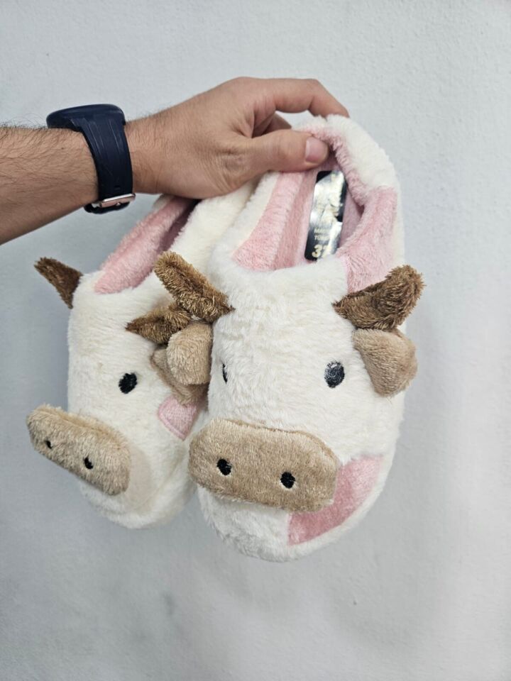 Kadın Öküz Figürlü Sessiz Taban Peluş Ev Terliği PUDRA - 39