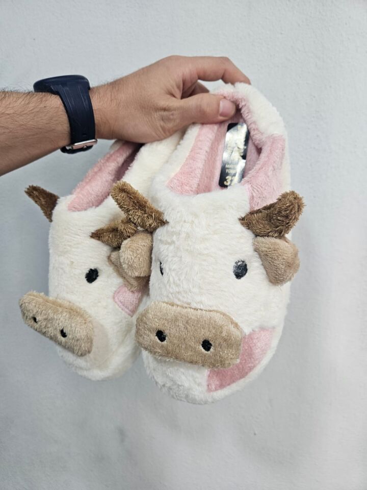 Kadın Öküz Figürlü Sessiz Taban Peluş Ev Terliği PUDRA - 37