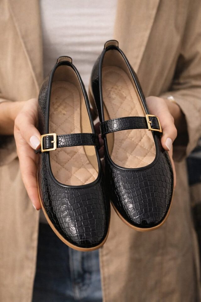 STL-108 Tokalı Babet Günlük Kadın Ayakkabı Ev Babeti YILAN DERİSİ SİYAH - 36