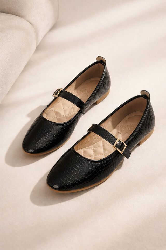 STL-108 Tokalı Babet Günlük Kadın Ayakkabı Ev Babeti YILAN DERİSİ SİYAH - 36