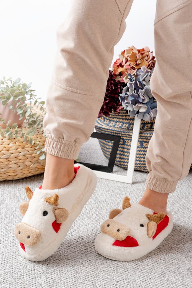 Kadın Öküz Figürlü Sessiz Taban Peluş Ev Terliği KIRMIZI - 40