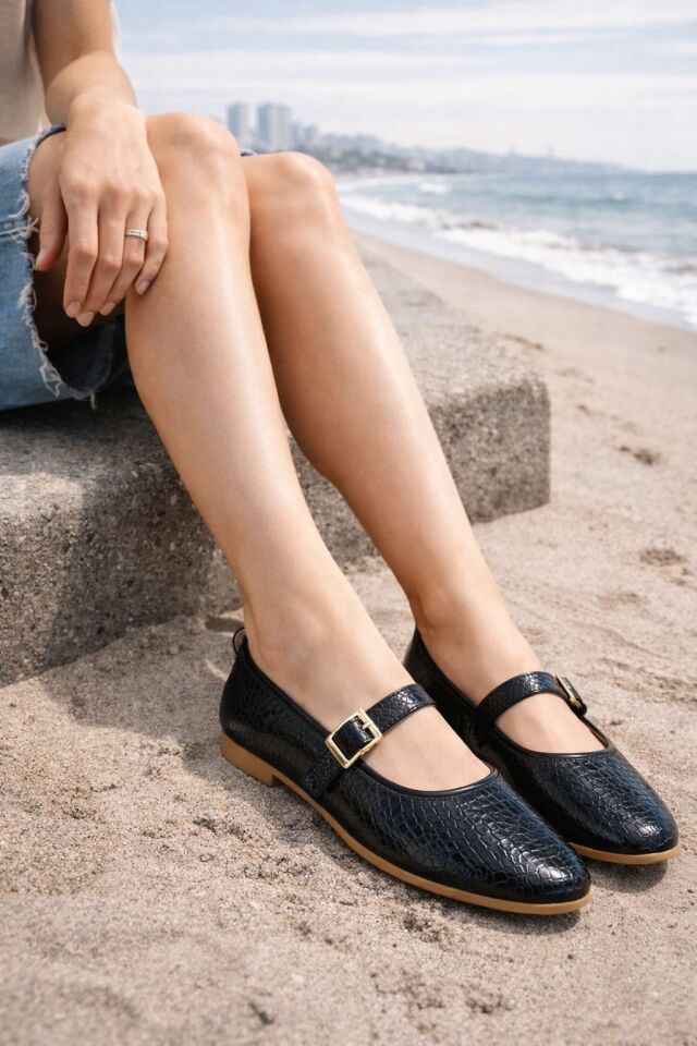 STL-108 Tokalı Babet Günlük Kadın Ayakkabı Ev Babeti YILAN DERİSİ SİYAH - 40