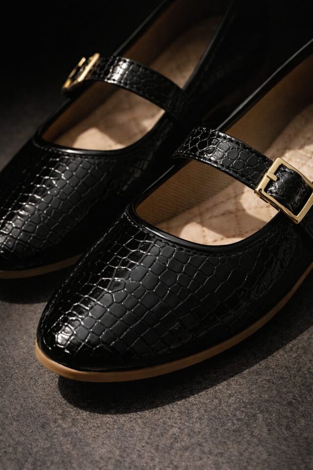 STL-108 Tokalı Babet Günlük Kadın Ayakkabı Ev Babeti YILAN DERİSİ SİYAH - 40