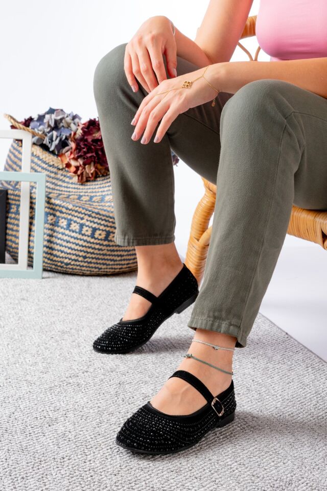 Kadın Baretli Taşlı Günlük  Babet Ayakkabı SİYAH - 36