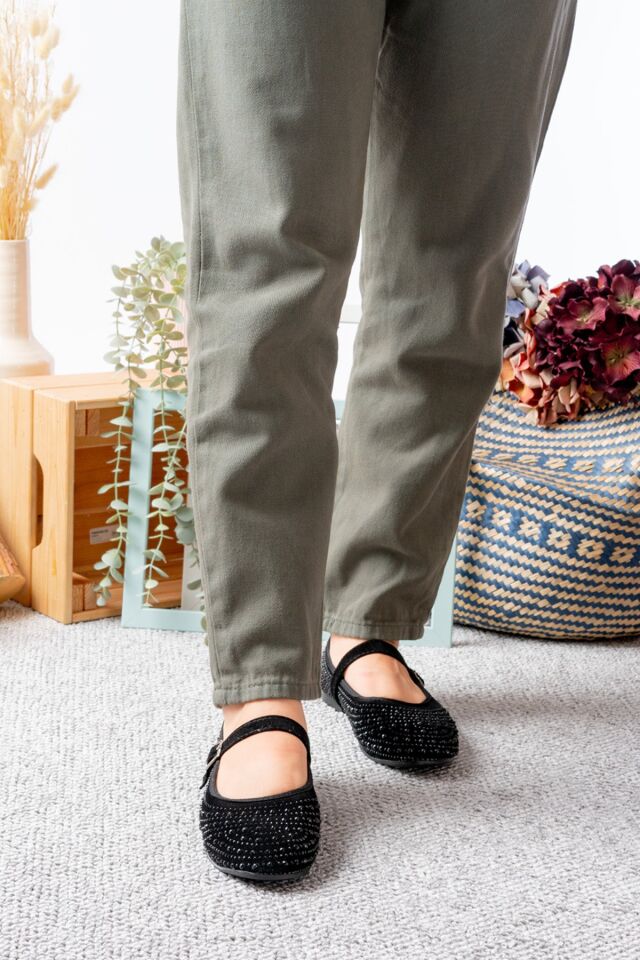 Kadın Baretli Taşlı Günlük  Babet Ayakkabı SİYAH - 36