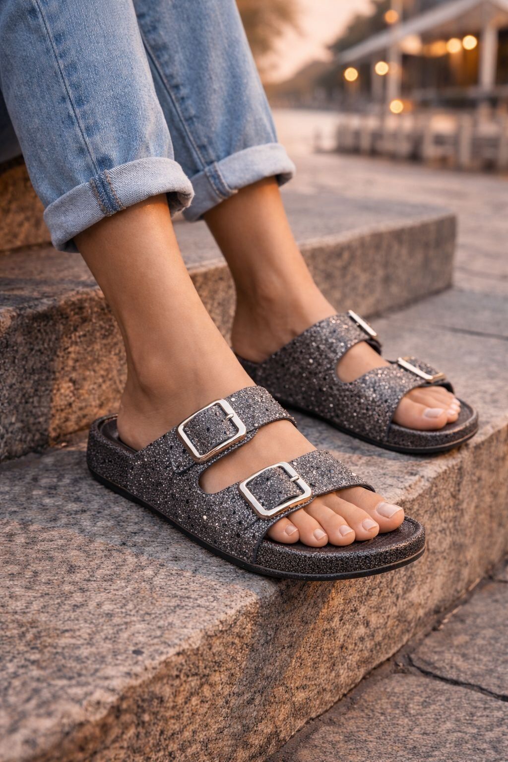 Kadın Simli Çift Toka Kaymaz Taban Rahat Terlik PLATİN - 40