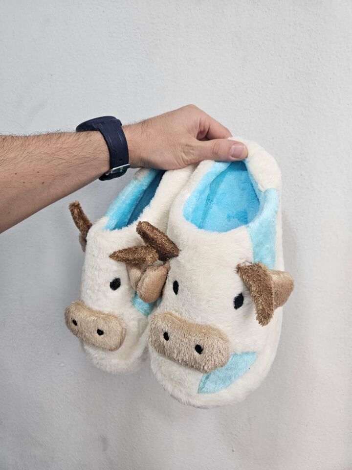 Kadın Öküz Figürlü Sessiz Taban Peluş Ev Terliği TURKUAZ - 39