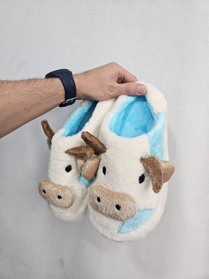 Kadın Öküz Figürlü Sessiz Taban Peluş Ev Terliği TURKUAZ - 40