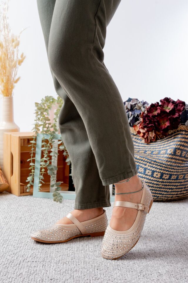 Kadın Baretli Taşlı Günlük  Babet Ayakkabı ALTIN - 40