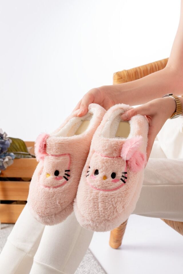 Figürlü Kurdela Detalı Sıcak Kışlık Unisex Ev Terliğ Gondol PUDRA - 40