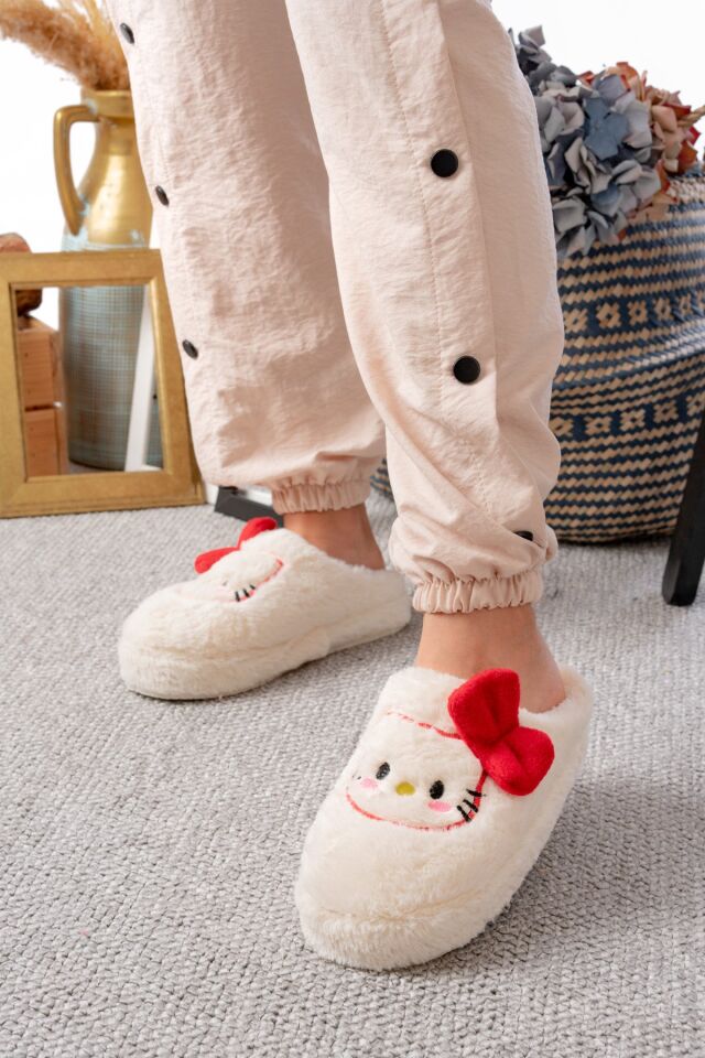 Figürlü Kurdela Detalı Sıcak Kışlık Unisex Ev Terliğ Gondol BEYAZ-KIRMIZI - 40