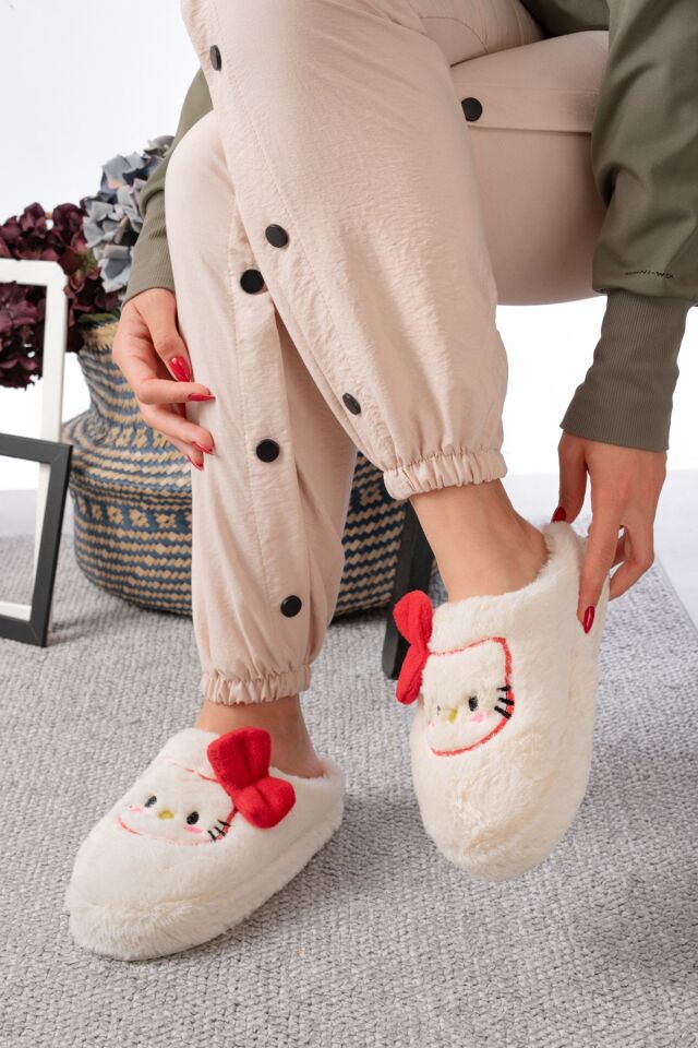 Figürlü Kurdela Detalı Sıcak Kışlık Unisex Ev Terliğ Gondol BEYAZ-KIRMIZI - 40