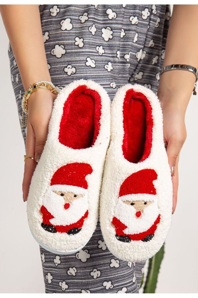 Noel Baba Yılbaşı Terliği Ev Pandufu Ev Terliği Misafir Terliği BEYAZ NOEL BABA - 36-37
