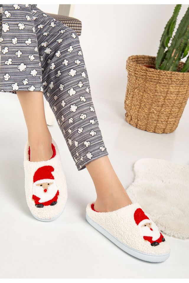 Noel Baba Yılbaşı Terliği Ev Pandufu Ev Terliği Misafir Terliği BEYAZ NOEL BABA - 38-39