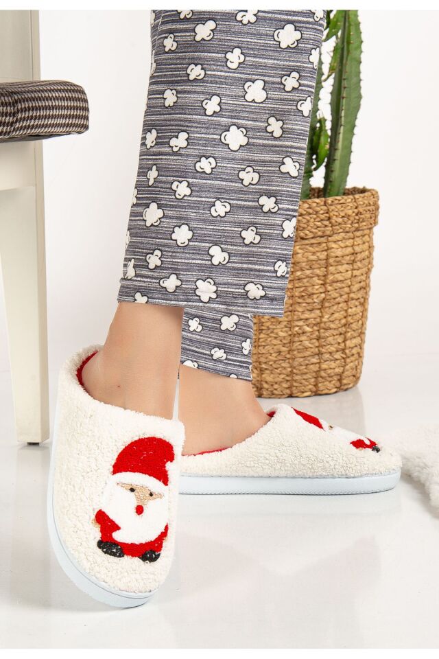 Noel Baba Yılbaşı Terliği Ev Pandufu Ev Terliği Misafir Terliği BEYAZ NOEL BABA - 38-39