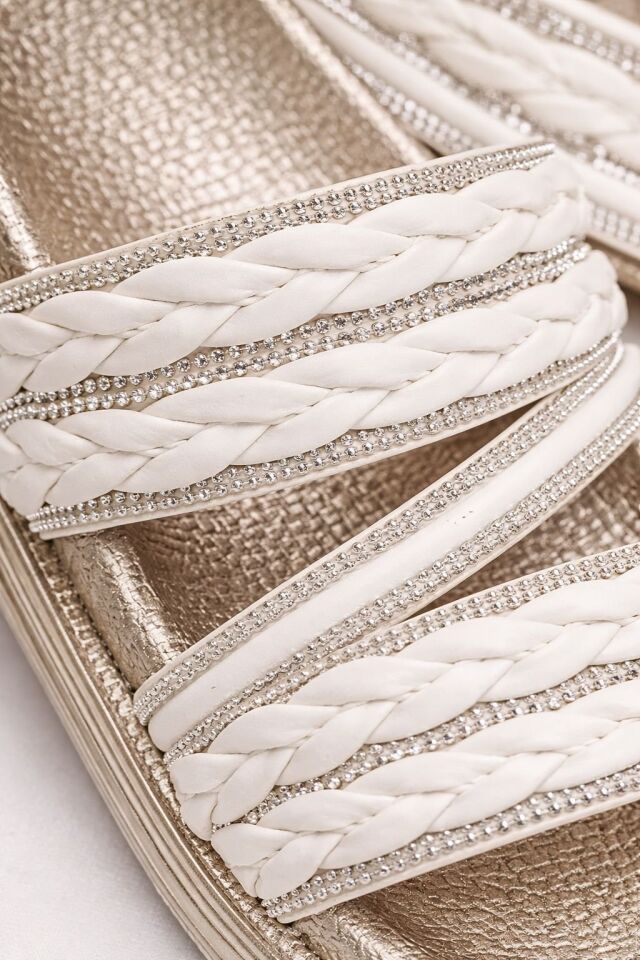 Hasır Dokulu Çapraz Örgülü Bantlı Taş Detaylı Kadın Terlik ÖRME KREM - 40