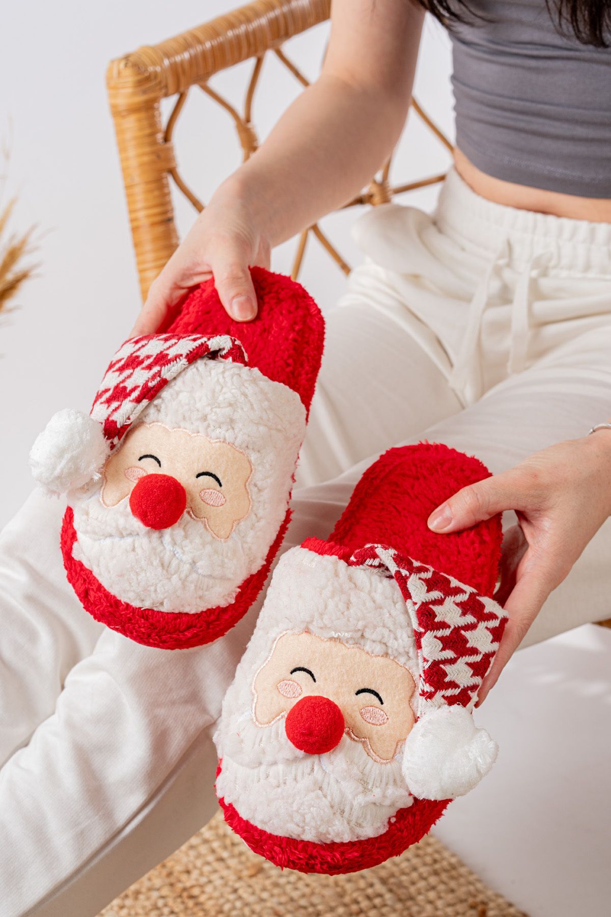 Noel Baba Yılbaşı Terliği Ev Pandufu Ev Terliği Misafir Terliği TRİKO KIRMIZI - 36-37