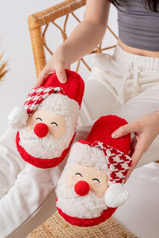 Noel Baba Yılbaşı Terliği Ev Pandufu Ev Terliği Misafir Terliği TRİKO KIRMIZI - 36-37