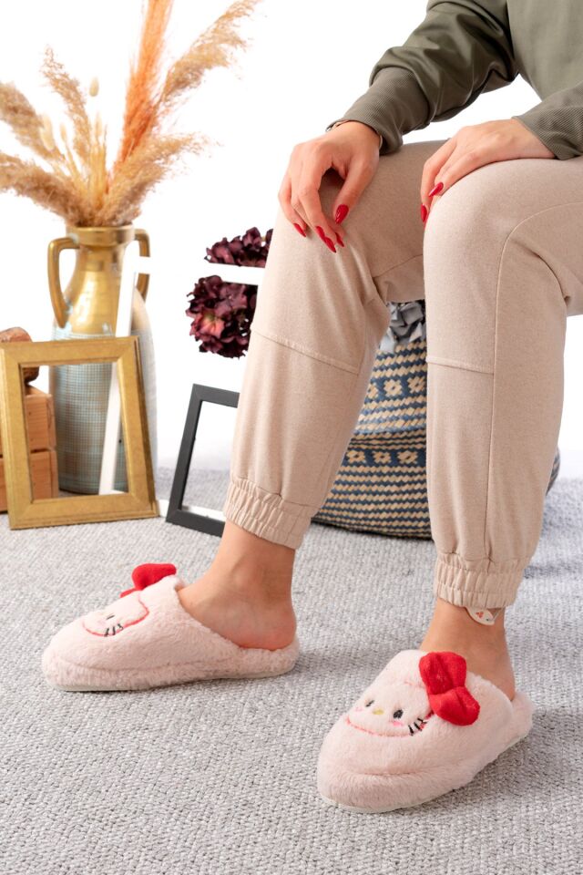 Figürlü Kurdela Detaylı | Fiyonklu Kışlık Unisex Ev Terliği PUDRA - 40