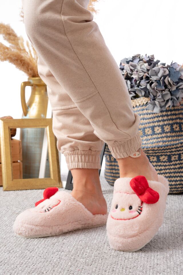 Figürlü Kurdela Detaylı | Fiyonklu Kışlık Unisex Ev Terliği PUDRA - 40