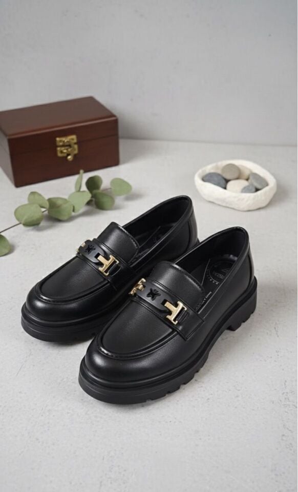 Kadın Kalın Taban Ortopedik Comfort Taban Deri Görünümlü Loafer – Siyah