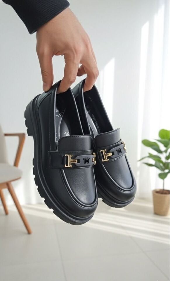 Kadın Kalın Taban Ortopedik Comfort Taban Deri Görünümlü Loafer – Siyah