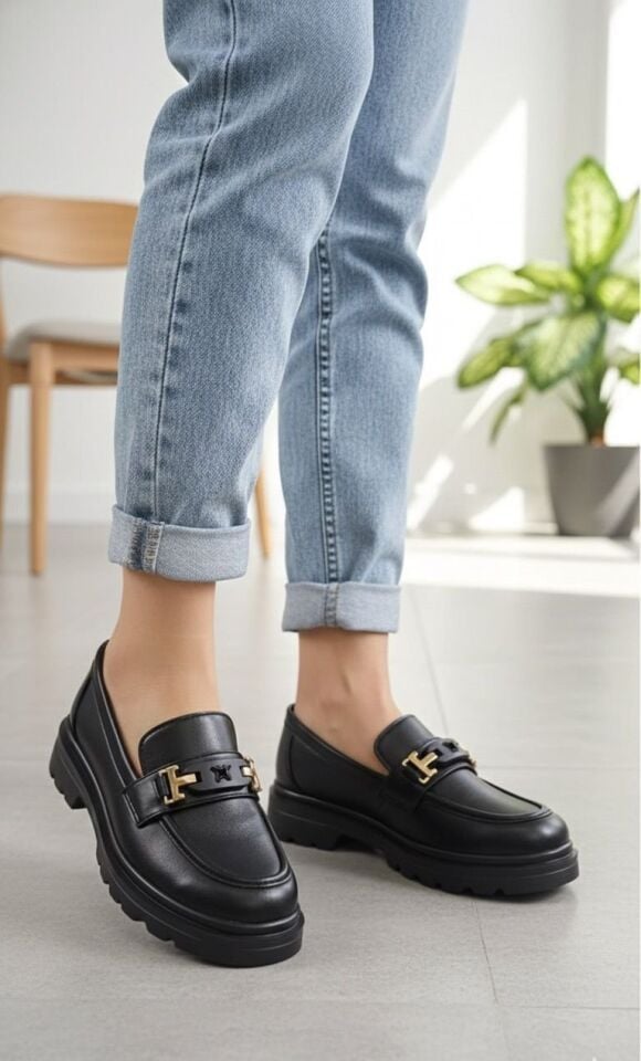 Kadın Kalın Taban Ortopedik Comfort Taban Deri Görünümlü Loafer – Siyah