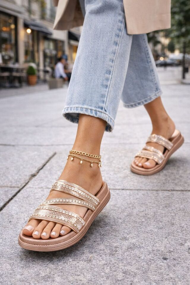 Hasır Dokulu Çapraz Örgülü Bantlı Taş Detaylı Kadın Terlik TAŞLI PUDRA - 40