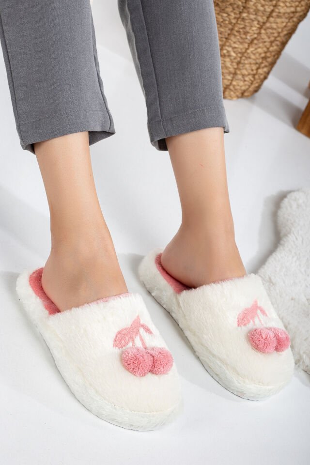 Kadın Ev Terliği Kirazlı Ev Terliği Kışlık Terlik Misafir Terliği Tüylü Terlik KREM - 36