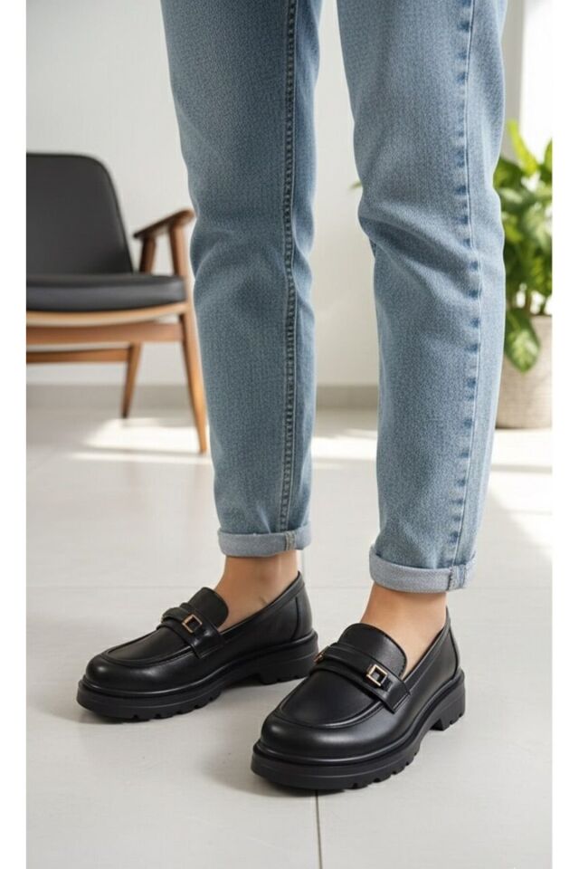 Kadın Kalın Taban Ortopedik Comfort Taban Deri Görünümlü Loafer – Siyah 702-SİYAH - 37