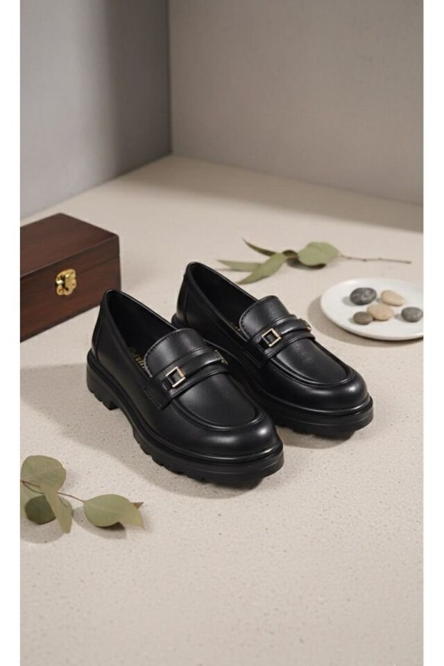 Kadın Kalın Taban Ortopedik Comfort Taban Deri Görünümlü Loafer – Siyah 702-SİYAH - 37