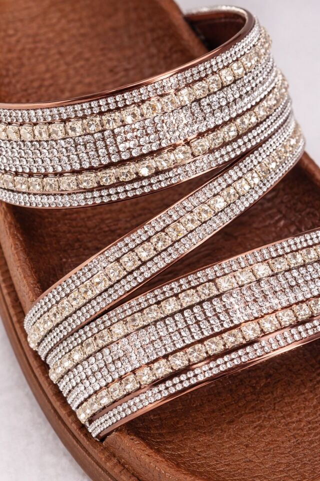 Hasır Dokulu Çapraz Örgülü Bantlı Taş Detaylı Kadın Terlik TAŞLI KAHVE - 38