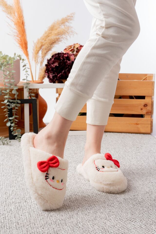 Figürlü Kurdela Detaylı | Fiyonklu Kışlık Unisex Ev Terliği BEYAZ-KIRMIZI - 40