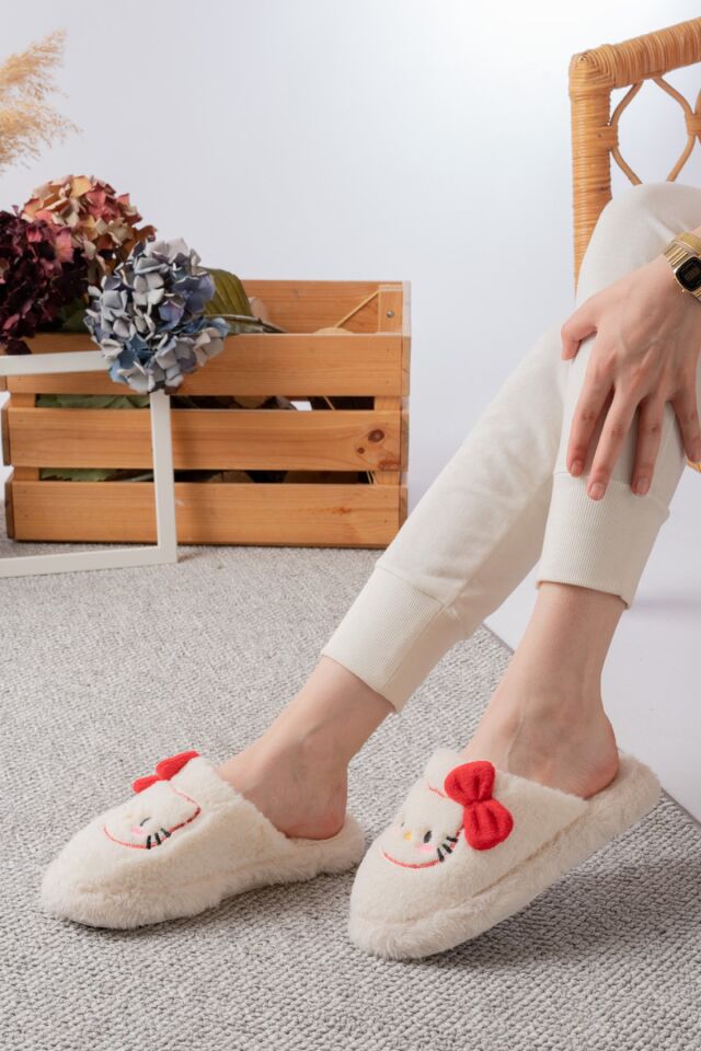 Figürlü Kurdela Detaylı | Fiyonklu Kışlık Unisex Ev Terliği BEYAZ-KIRMIZI - 40