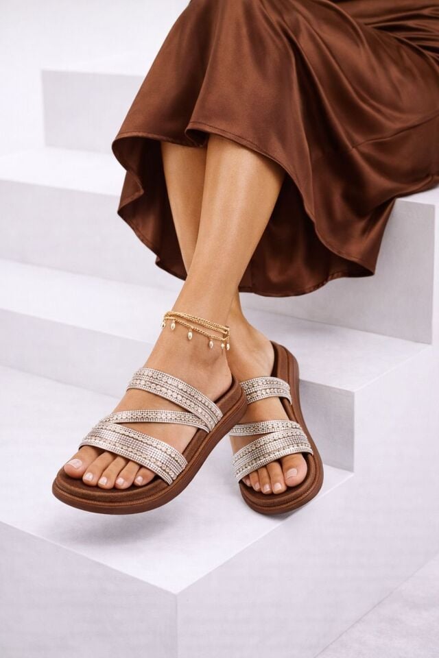 Hasır Dokulu Çapraz Örgülü Bantlı Taş Detaylı Kadın Terlik TAŞLI KAHVE - 40