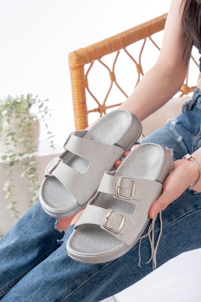 Pien Çift Tokalı  Şık Günlük Ful Ortapedik Terlik SİMLİ GÜMÜŞ - 40