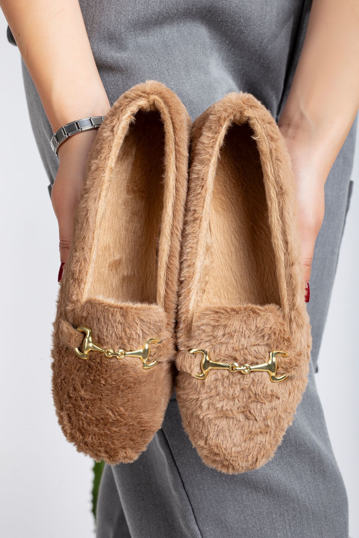 Yumuşak Peluş Kadın Ev Babeti Ses Yapmaz Hafif Taban Panduf Ev Pandufu VİZON - 40