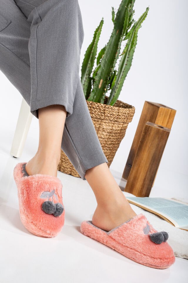 Kadın Ev Terliği Kirazlı Ev Terliği Kışlık Terlik Misafir Terliği Tüylü Terlik PUDRA - 37