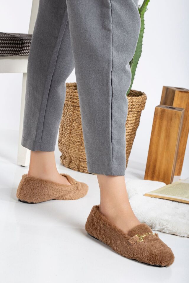 Yumuşak Peluş Kadın Ev Babeti Ses Yapmaz Hafif Taban Panduf Ev Pandufu VİZON - 38