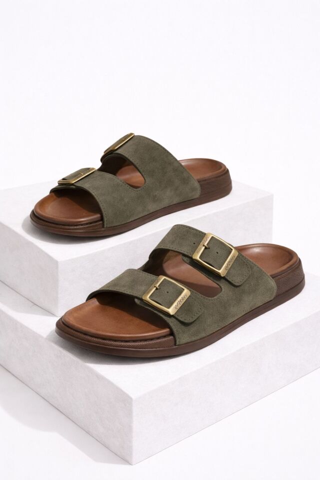 Günlük Erkek Terlik Çift Tokalı Konforlu Hafif Taban Rahat Kalıp Şık Tasarım HAKİ - 42