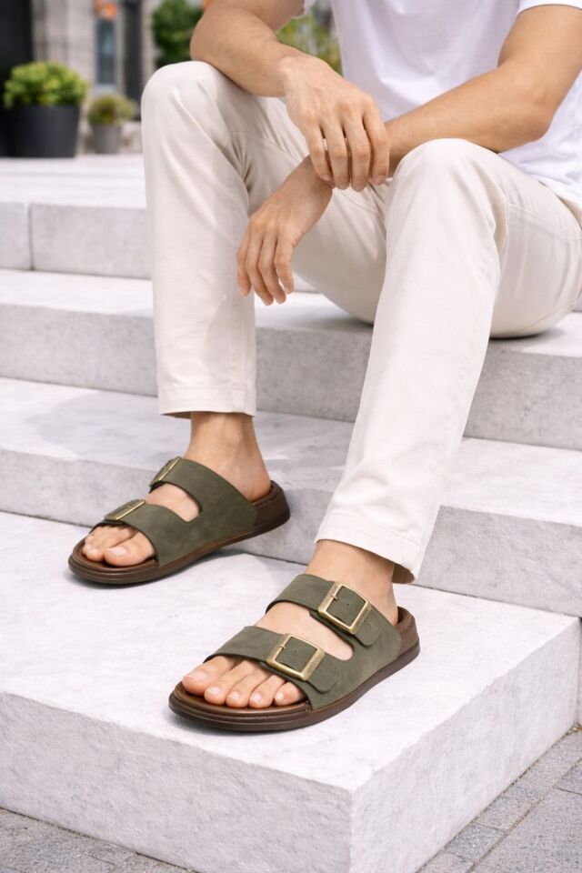 Günlük Erkek Terlik Çift Tokalı Konforlu Hafif Taban Rahat Kalıp Şık Tasarım HAKİ - 42